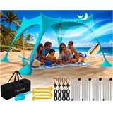 eloneo Strandzelt, Sonnensegel Strand 300x300x200 cm, LSF 50+, Sonnenschutz für Strand mit Sandschaufel, Heringen und 4 Stabilitätsstangen, 8 Personen, Türkis
