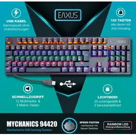 EAXUS Eaxus® Mechanische Gaming Tastatur - LED Gaming Keyboard mit Makrotasten & Blue Switches, USB 1000 Hz Pollingrate, QWERTZ, Schwarz