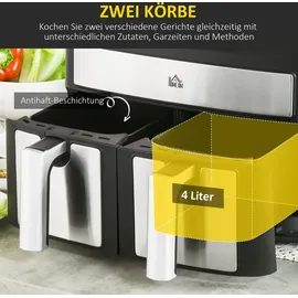 Homcom Heißluftfritteuse 8L Fritteuse mit Doppelkammer, Airfryer mit 10 Programmen, 2400 W Luftfritteuse mit Touchscreen, Rezeptur, ohne Öl, Schwarz - Schwarz