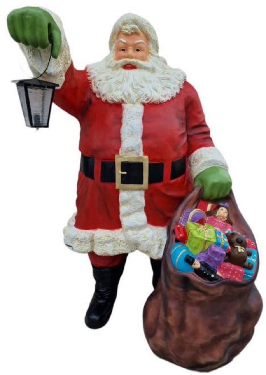 Casa Padrino Luxus XXL Deko Skulptur Weihnachtsmann mit Laterne und Beutel Rot / Mehrfarbig 125 x H. 190 cm - Lebengroße XXL Weihnachtsmann Deko Figur - XXL Weihnachts Dekoration
