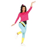 FIESTAS GUIRCA 80er Workout Aerobic Kostüm – 80er Jahre Sport Outfit mit pinkem Top und mehrfarbigem Training Anzug für Karneval Fasching Damen Größe L 40-42