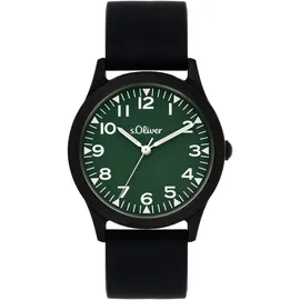s.Oliver Runde Kinderuhr 35 mm Metallgehäuse Schwarz Silikonarmband Grün