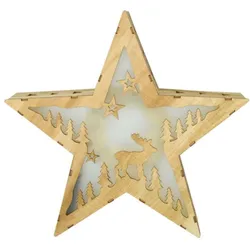 Weihnachtsstern Leuchtstern Dekoleuchte Adventsstern Holzstern Weihnachtsdekoration Wohnzimmer, Sperrholz Natur Rentier Motiv, 10x LED 0,06 Watt warmweiß, HxLxB 30x31,5x6 cm