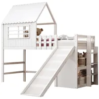 REDOM Kinderbett Dachhaus-Stil Holzbett (Hochbett mit Rutsche und Leiter, Spiel- & Stauraumbett aus Massivholz, 90x200 cm), Inklusive Matratze weiß