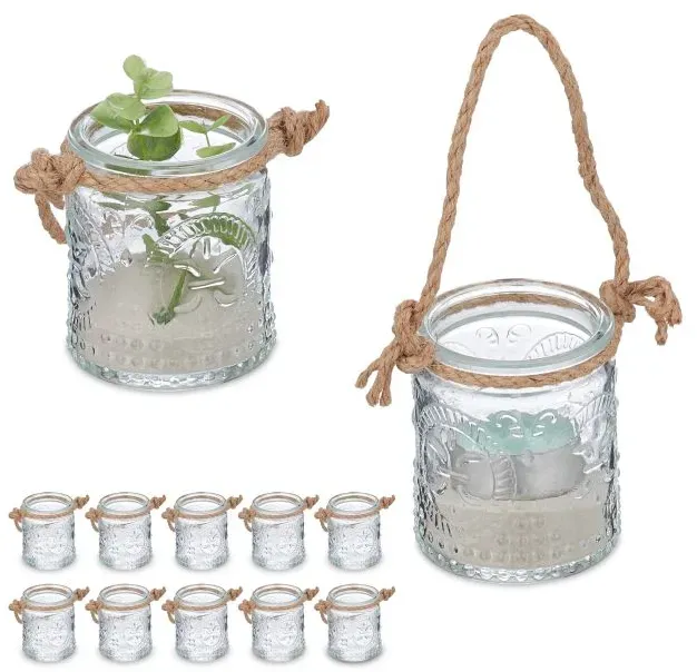 Relaxdays Vintage Windlicht im 12er Set Hellbraun,Transparent