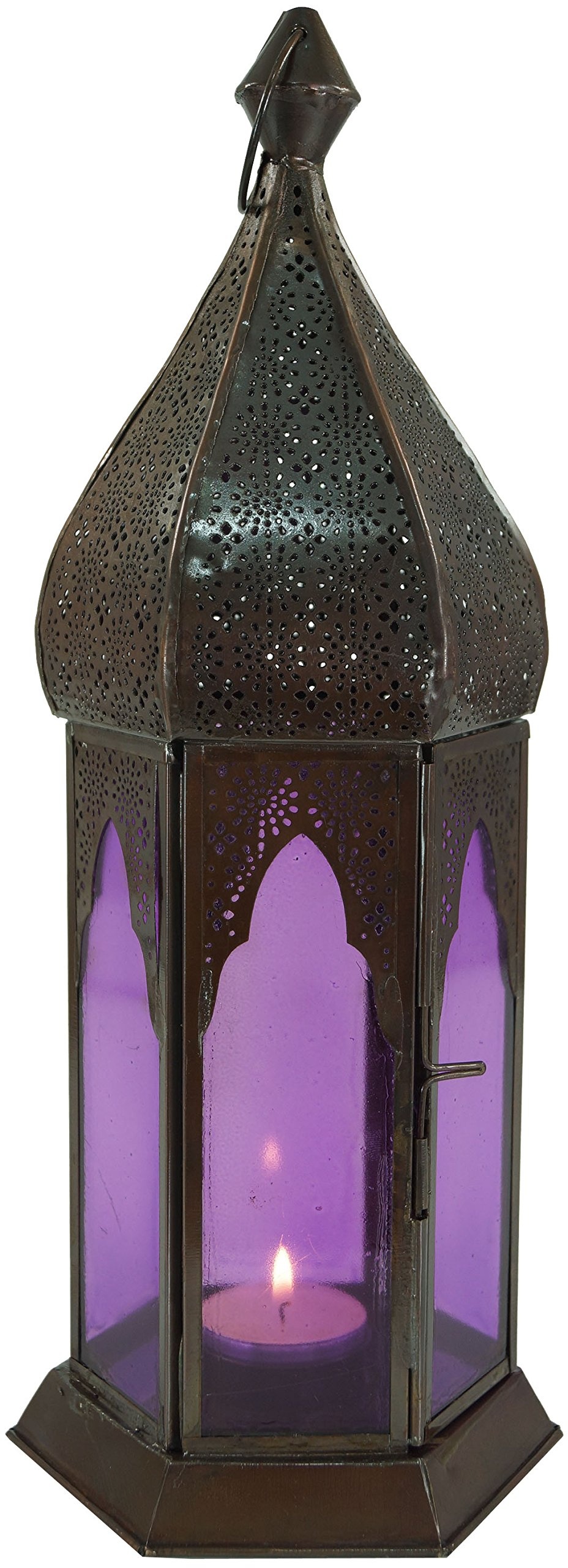 GURU SHOP Orientalische Metall/Glas Laterne in Marrokanischem Design, Windlicht, Lila, Farbe: Lila, 33x12x12 cm, Orientalische Laternen