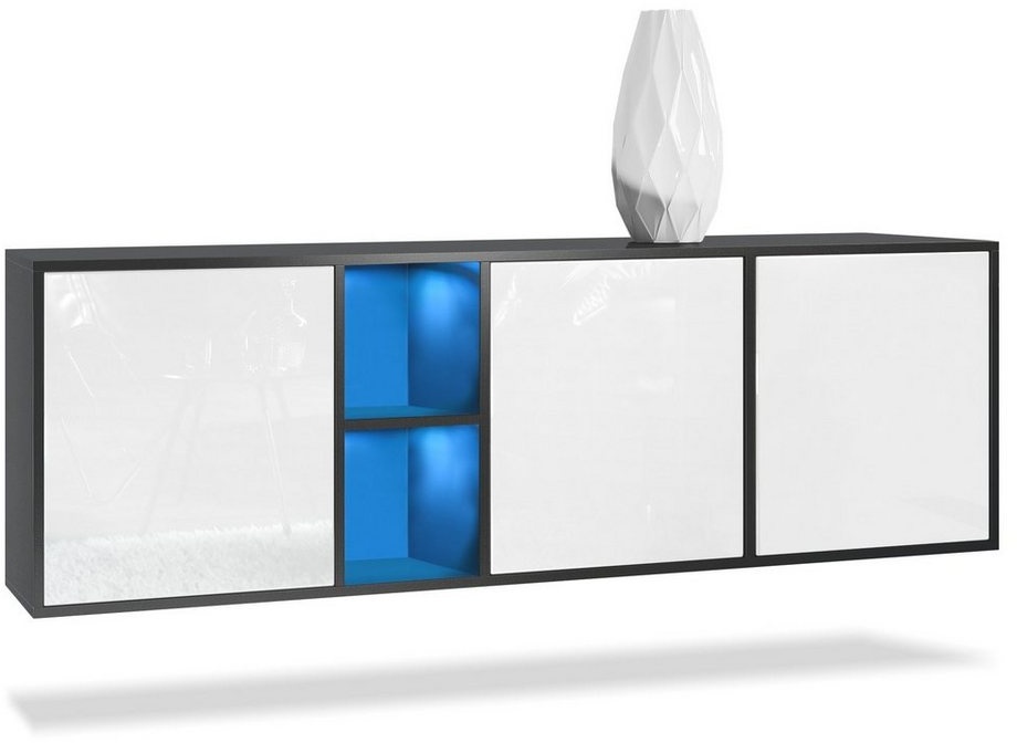 Vladon Sideboard Cuba (Kommode, mit 3 Türen und 2 offene Fächer), Schwarz matt/Weiß Hochglanz inkl. LED-Beleuchtung (182 x 53 x 35 cm) weiß