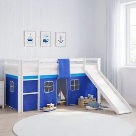 Homestyle4u Hochbett 2564 90 x 200 cm Kiefer massiv lackiert blau weiß
