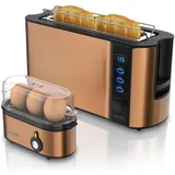 Arendo Frühstücks Set, 2-Scheiben Langschlitz Toaster mit Brötchenaufsatz & Eierkocher für 3 Eier, Kupfer, Toaster, Kupfer