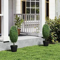 Homcom 2er-Set Künstliche Buchsbaum 60 cm Kunstpflanze im Olivenform, künstliche Pflanzen im Topf, UV-beständig Kunstbaum Fake Plant wie echt Dekoration für Wohnzimmer Schlafzimmer Outdoor
