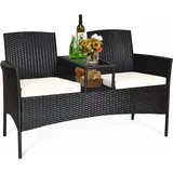 Polyratten Gartenbank Mit Tisch, 2-sitzer Bank Mit Bequemen Kissen & Ergonomischer Rücklehne, Wetterfeste & Ausbleichsichere Sitzgruppe Für Balkon Garten Hof, 138×61×85cm (beige) - Goplus