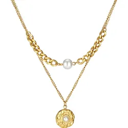 Kette mit Anhänger FIRETTI "Schmuck Geschenk Edelstahl Halsschmuck Halskette Layer doppelreihig", gold (gelbgoldfarben, weiß), Halsketten, Damen, Edelstahl-Perlen, L: 56,5cm, Edelstahl, Perlen, mit Perle (synth.)
