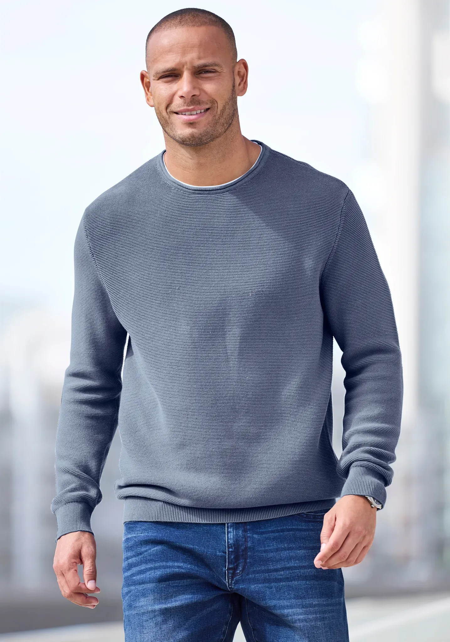 Strickpullover AUTHENTIC LE JOGGER, Herren, Gr. M (48/50), blau, Strick, Obermaterial: 100% Baumwolle, unifarben, regular fit normal, Rundhals, Bündchen, Pullover Strickpullover, mit Double-Layer Optik, Pullover aus reiner Baumwolle