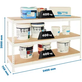 Proregal Schwerlastregal Wood Beast Three HxBxT 200x240x75cm | Fachlast 400kg | Weiß