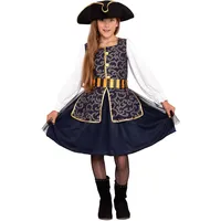 Magicoo elegantes Piratenkostüm Mädchen Kinder Blau/Gold Gr 110 bis 146 inkl. Kleid & Hut - Piraten Kostüm Fasching (122/128)