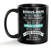 Tassendruck Schwarze Tasse mit Spruch - Danke Bonus Papa - Geschenk Stiefvater, Bester Stiefpapa, Spruchtasse | Fototasse Schwarz, 300 ml