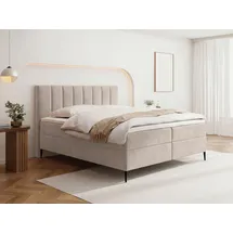 WFL GROUP BOXBETT Allen mit Bettkasten – Polsterbett 200 x 200 cm mit H4 Taschenfederkern Matratze & 5 cm Topper – Stauraumbett mit hohem Kopfteil & Metallfüße – Samt Beige