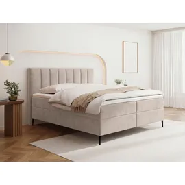 WFL GROUP BOXBETT Allen mit Bettkasten – Polsterbett 200 x 200 cm mit H4 Taschenfederkern Matratze & 5 cm Topper – Stauraumbett mit hohem Kopfteil & Metallfüße – Samt Beige