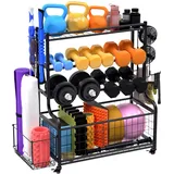 UISEBRT Gym Storage Rack Hantelständer Hantelablage Multifunktionaler Kurzhantelständer Yoga Matte Regal für Kettlebell, Hanteln, Yoga Block, mit Haken und Abschließbaren Rädern, Tragfähigkeit 180KG