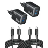 INIU 30W USB C Ladegerät, GaN Schnellladegerät mit 1,5m 60W Kabel, Dual-Port Netzteil mit intelligentem Geräteschutz für iPhone 17 16 Pro Max, iPad MacBook Air Galaxy S26 Pixel Xiaomi [2-Pack Schwarz]
