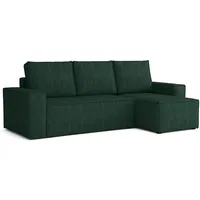 Ecksofa L Form Bergamo 240x142 cm mit Schlaffunktion und Bettkasten Couch Cord Schlafsofa Schlafcouch universale Seite klein Flur Sofa, 3 Sitzer Wohnlanschaft Cornersofa Bettsofa Kissen grün