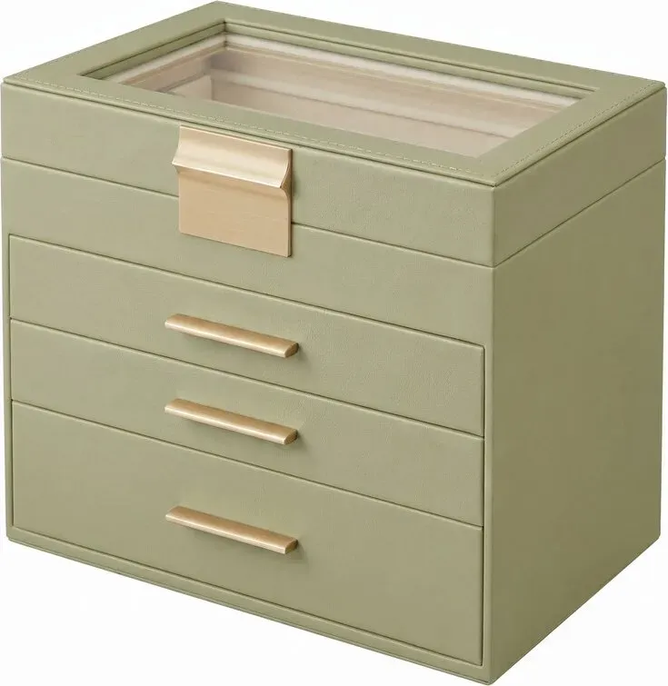 Ochama Schmuckkasten mit 4 Ebenen, Schmuckbox mit 3 Schubladen, Deckel aus Glas, für große Schmuckstücke, grün-gold