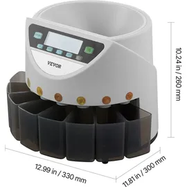 Vevor Euro-Münzsortierer, Münzzählmaschine für 8 Arten von Euro-Münzen, Münzzählautomat für bis zu 850 Münzen, großes LCD-Display, Münzaufbewahrung inkl. 5 Münzröhren & 8 Münzboxen