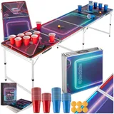 Tectake Bierpongtisch, aus Aluminium, mit LED-Beleuchtung, bodenschonende Kunststofffüße, inklusive 100 Bechern, 6 Bällen und Kartentrinkspiel