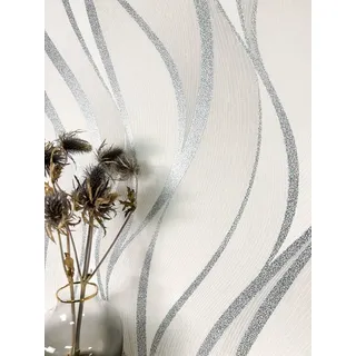 Newroom Vliestapete, Weiß Tapete Streifen Wellen - Wellenmuster Metallic Grau Silber Modern 3D Optik Linien Struktur für Wohnzimmer Schlafzimmer Küche, Streifentapete, Wellenmuster silberfarben