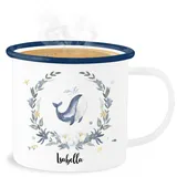 Emaille Becher Blechbecher - Süßer Wal Walfisch - 300 ml - Weiß Blau - wale name tasse dem