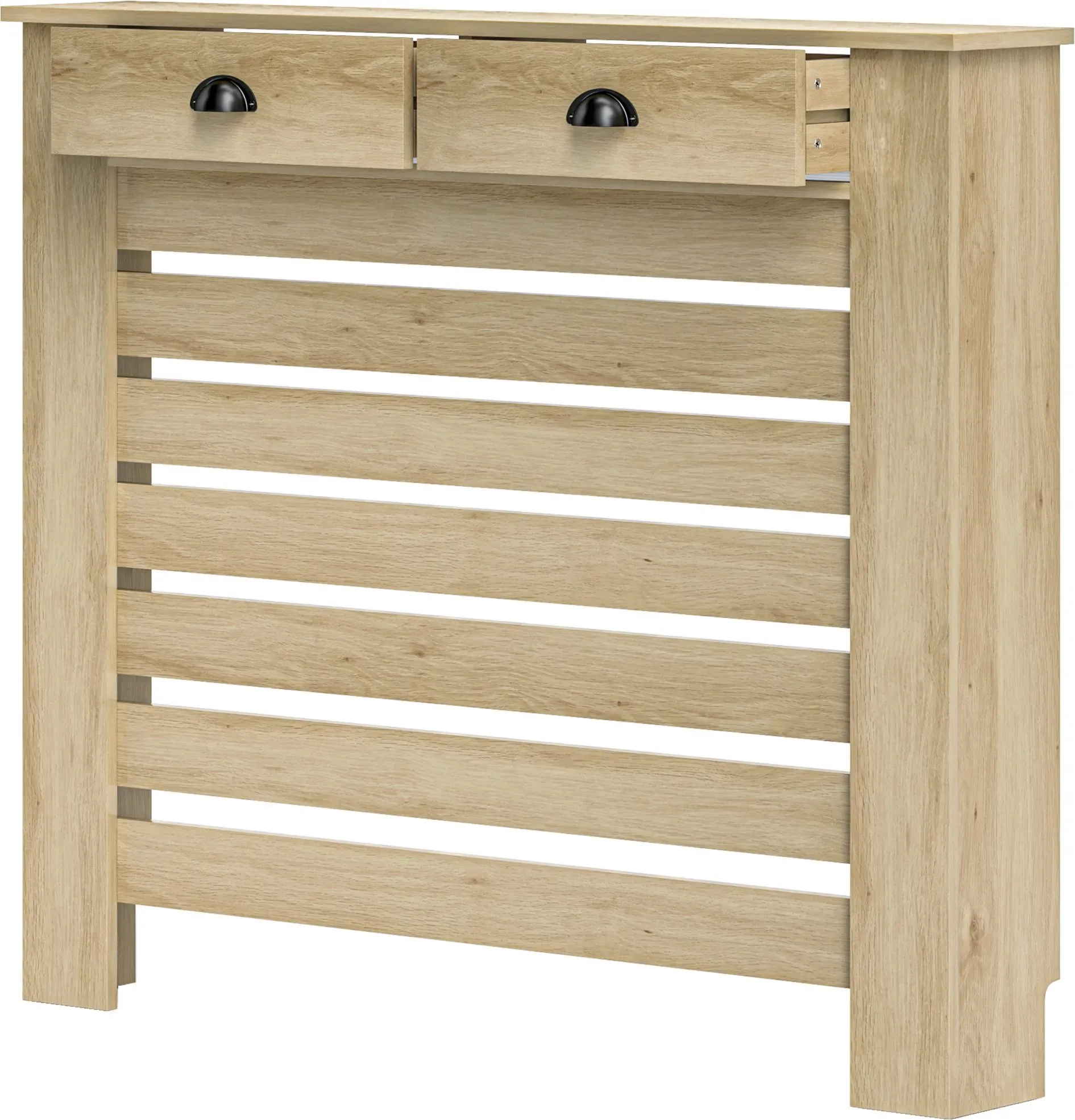 HOMCOM Heizkörperverkleidung, Heizkörperabdeckung, horizontale Lamellengitter, mit 2 Schubladen, für Wohnzimmer, Schlafzimmer, Flur, aus Holz, 111 x 19 x 95,5 cm, Eiche   Aosom