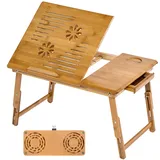 Tectake Laptoptisch aus Bambus, klappbar und höhenverstellbar, mit USB-Doppellüfter, 55 x 35 x 26 cm