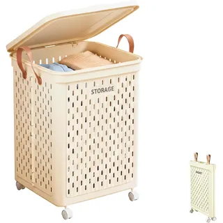 Wäschekorb Faltbar mit Rollen und Deckel, Wäschesammler, Große Wäschebox mit Griffen, ideal für Badezimmer, Schlafzimmer und Waschraum.(55x37x37 cm)