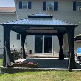 Domi 2,98x2,98 m Outdoor Hardtop Pavillon mit festem Dach, Metall Pavillon mit verzinktem Stahldach, mit Vorhängen und Moskitonetz, für Terrasse, Grau