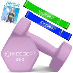 KESSER® Hanteln Hantelset 2er Set  2kg - 5kg farbig, Kurzhanteln  Neopren, Hexagon, Krafttraining, Workout, Fitnesstraining, für Zuhause Mit Übungsheft, 2x Fitnessbänder