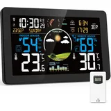 VIFLYKOO Wetterstation Funk mit Außensensor, Thermometer und Hygrometer für Innen und Außen mit Wettervorhersage, VA-Display, Funkwetterstation mit DCF Funkuhr, Batteriebetrieb und Netzbetrieb