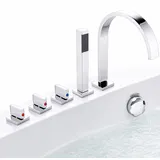 Mucola Wasserhahn Badewannenarmatur HandBraunse Silber5 Loch Set Wannenrand Armatur Bad Badezimmerarmatur Wasserfall - Silber