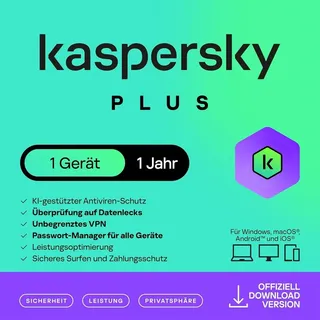 Kaspersky PLUS Internet Security 2026 | 1 Gerät | 1 Jahr | PC/Mac/Mobile | Aktivierungscode per Email