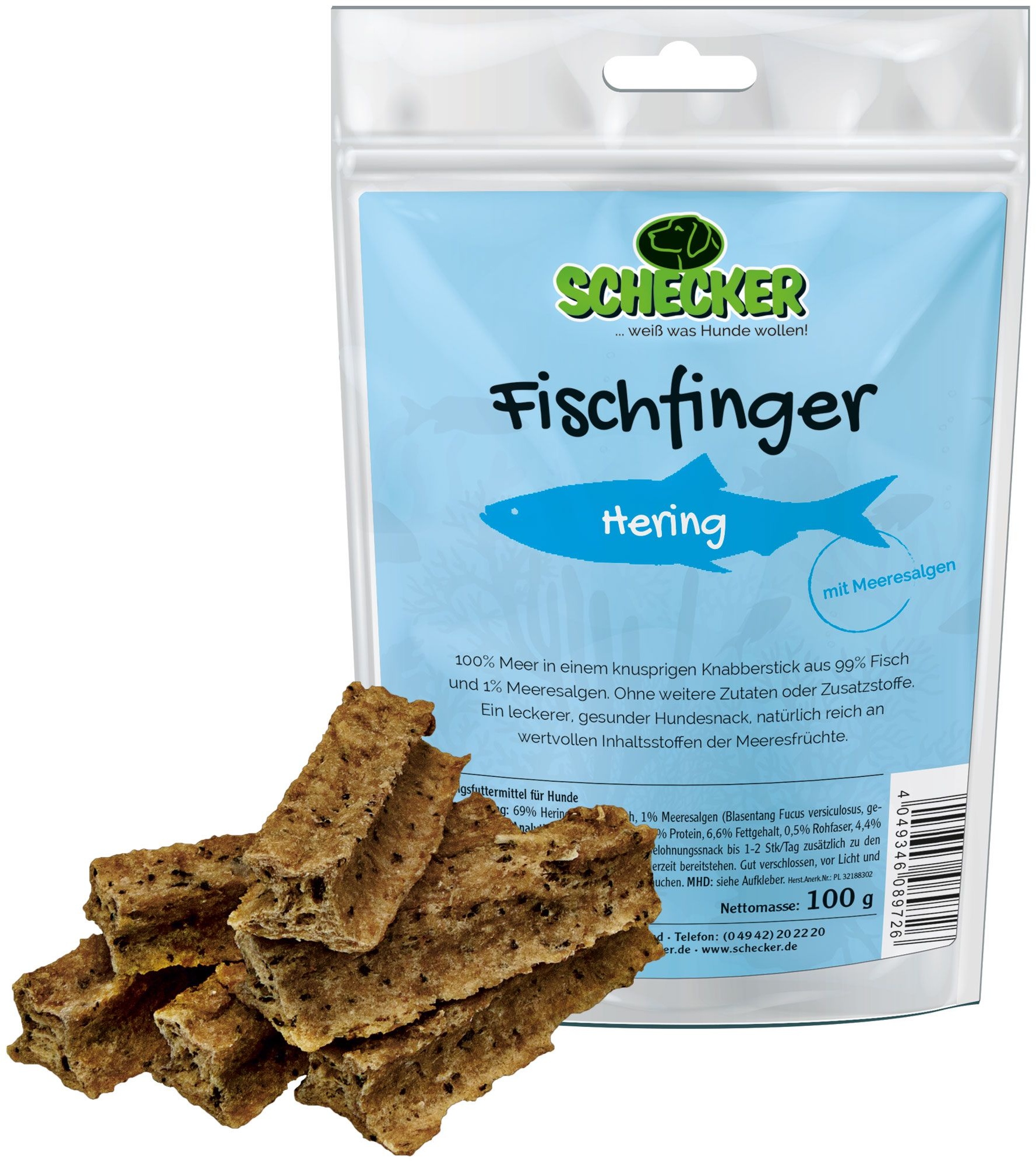 Schecker Hundesnack - Fischfinger mit 99 % Fisch Hering Futter 1x100 g