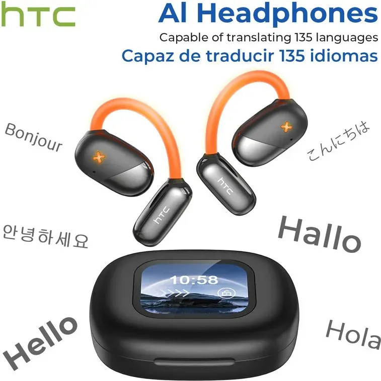 HTC NE33 OWS KI‐Sprachübersetzung Ohrhörer, kabellose Bluetooth 6.0 Ohrhörer, leuchtende Gaming‐Kopfhörer, HIFI‐Soundqualität, Full‐Color‐Display, Touchscreen, integriertes Mikrofon, kompatibel mit Handy und iPhone