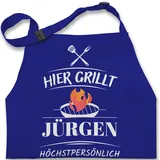 Kinderschürze Schürze Kinder Jungen Mädchen - Grillschürze - Hier grillt Name höchstpersönlich - Lustiges Geschenk Papa Vatertag Geburtstag - 7-14 Jahre - Royalblau - apron - 7-13 Jahre