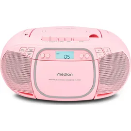 Medion E66476 Stereo Sound System (Boombox, CD-Player, MP3, Kassette, tragbarer Kassettenspieler für Kinder, UKW Radio, AUX, Kopfhörer, Netz & Batterie) Pink