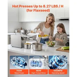 Vevor Elektrische Ölpresse 3,75 kg/h, Ölmühle 700 W, Automatische Ölpressmaschine mit Heißpressung bei 300 °C & Reinigungsbürste, Ölmaschine für Erdnüsse, Sesam, Sojabohnen und Mandeln, Edelstahl