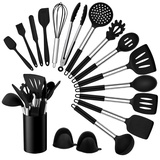 Homikit Küchenhelfer Set, 17 Stück Silikon küchenutensilien Kochutensilien Set, Antihaft Hitzebeständiger Kochbesteck Set mit Edelstahlgriff, Gesund & Langlebig, Spülmaschinengeeignet, Schwarz