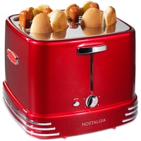 Nostalgia RHDT800RETRORED Pop-Up 4 Hot Dog and Bun Toaster With Mini Tongs, Works With Chicken, Turkey, Veggie Sausages and Brats, Retro Red