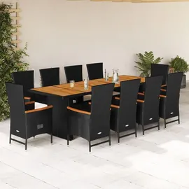 vidaXL 11-tlg. Garten-Essgruppe mit Kissen Schwarz Poly Rattan