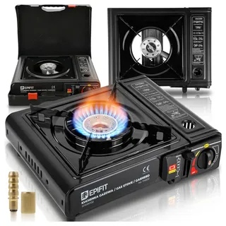 Gaskocher Campingkocher Camping für Gaskartuschen Gasflasche Kocher Piezo Epifit Koffer Schwarz Outdoor Tischgrill Notfallkocher - Schwarz