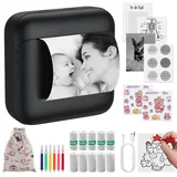 eSynic Bluetooth Thermodrucker Schwarzer Mini Drucker 203dpi mit Aufkleberpapier ohne Tinte Tragbarer Etiketten Fotodrucker mit Abgerundeten Ecken Kompatibel mit Typ-C für Büro & Home Office