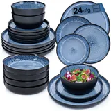 sänger Aruba | Tafelservice 24 teilig, Steingut Geschirr Set 6 Personen, 6x Teller Set 6x Frühstücksteller 6x Tiefe Teller 6x Pastaschalen blau mit schwarzem Rand | VALUE COLLECTION