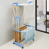 LANTUS 3 Ablagen Wäscheständer mit 4 Rollen Stabil Wäschetrockner Turm Trockenregalen Ausziehbare Kleiderständer mit 2 Flügel für Innen mit Faltbaren Flügeln (75*64*170 cm (blau und weiß))